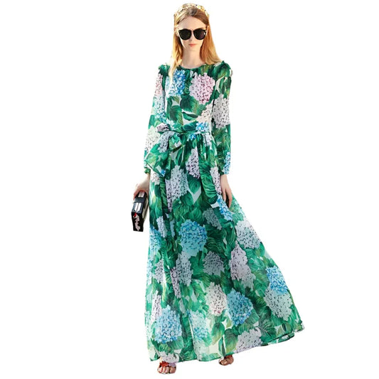 High-Quality Long-Sleeved Printed Maxi Dress – Elegant Floral Dress -Guocali