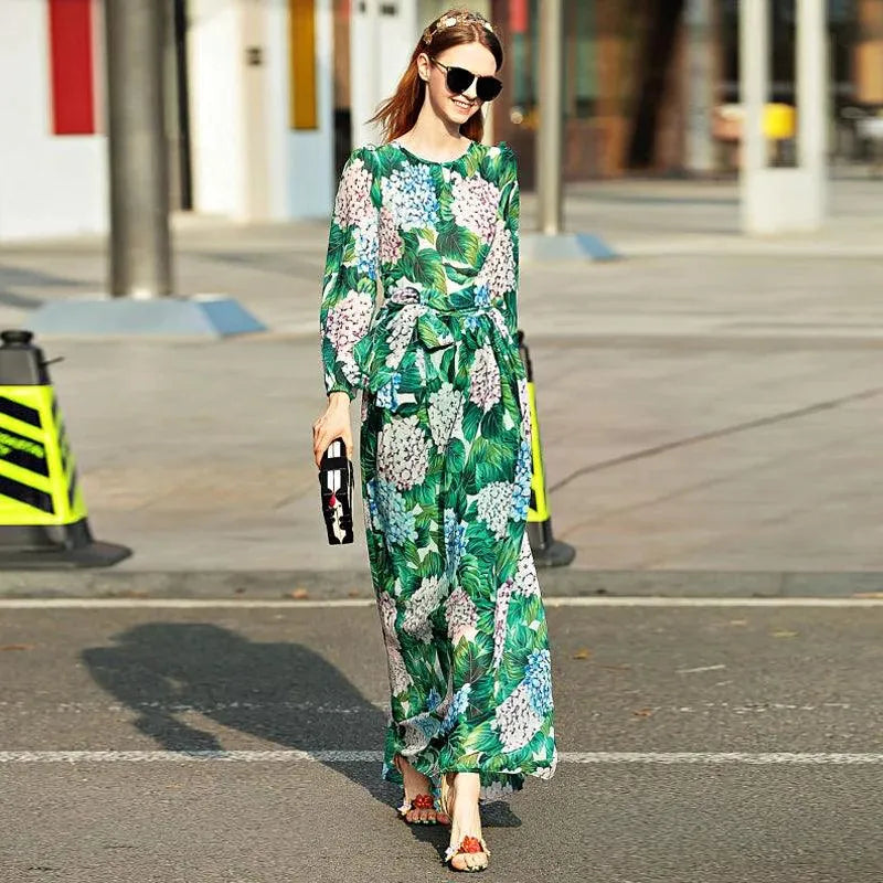 High-Quality Long-Sleeved Printed Maxi Dress – Elegant Floral Dress -Guocali