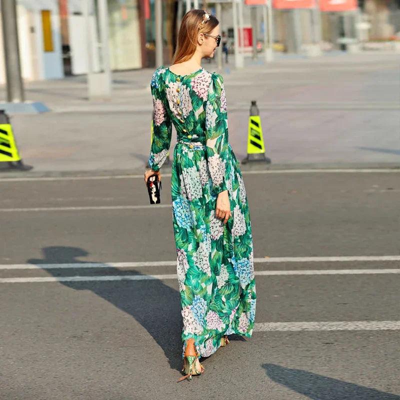 High-Quality Long-Sleeved Printed Maxi Dress – Elegant Floral Dress - Maxi Dress - Guocali