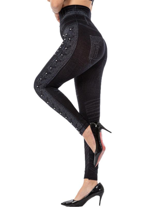 High Waist Beaded Jeggings - Stretch - Cropped Pants - Guocali