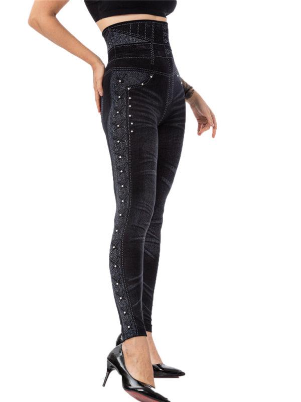 High Waist Beaded Jeggings - Stretch - Cropped Pants - Guocali