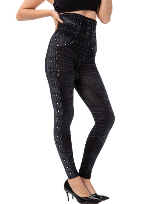 High Waist Beaded Jeggings - Stretch - Cropped Pants - Guocali