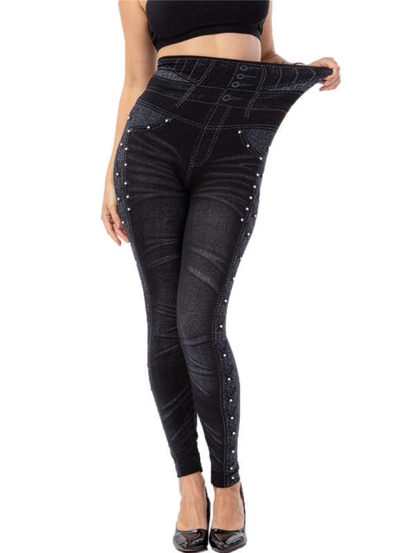 High Waist Beaded Jeggings - Stretch - Cropped Pants - Guocali