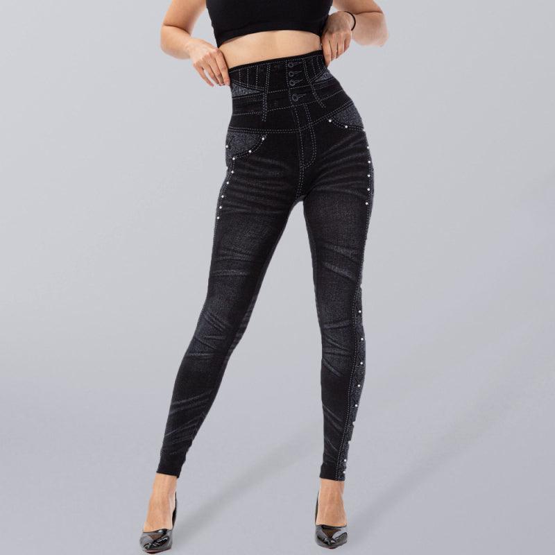 High Waist Beaded Jeggings - Stretch - Cropped Pants - Guocali