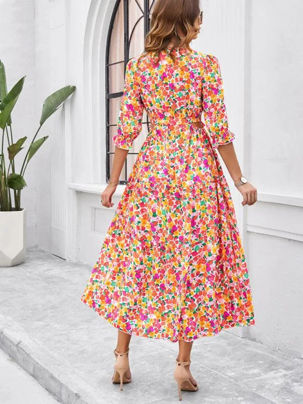 Holiday Casual Printed V-Neck Slit Dress -Guocali