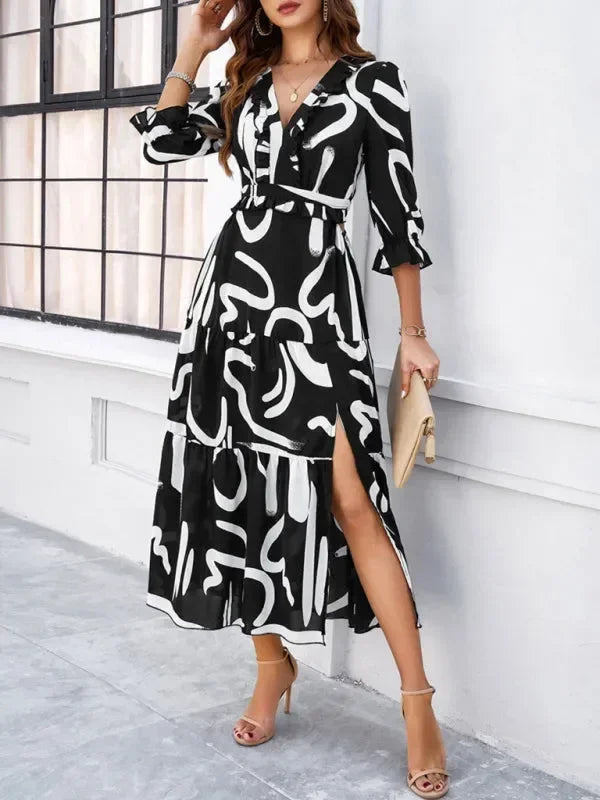 Holiday Casual Printed V-Neck Slit Dress -Guocali