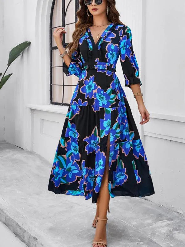 Holiday Casual Printed V-Neck Slit Dress -Guocali