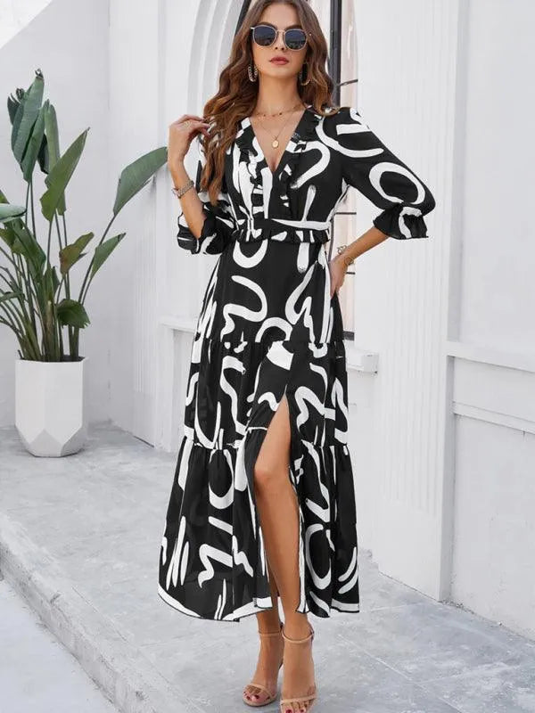 Holiday Casual Printed V-Neck Slit Dress -Guocali