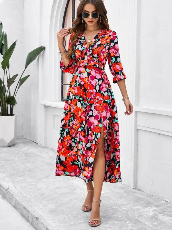 Holiday Casual Printed V-Neck Slit Dress -Guocali