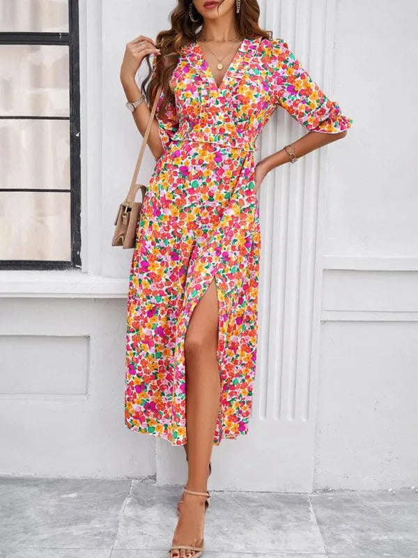 Holiday Casual Printed V-Neck Slit Dress -Guocali