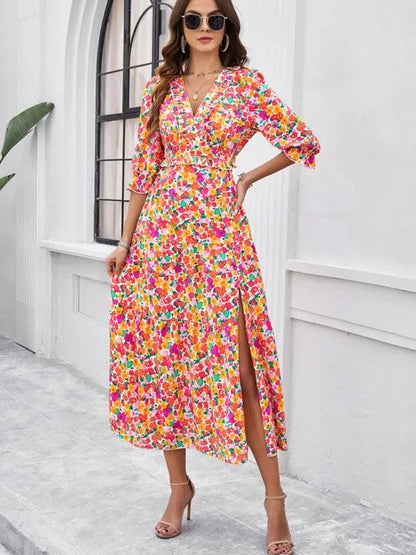 Holiday Casual Printed V-Neck Slit Dress -Guocali