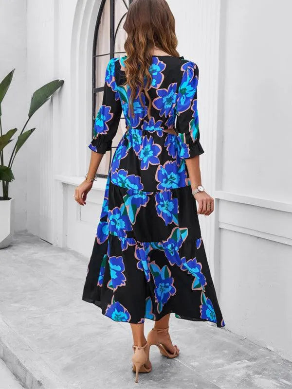 Holiday Casual Printed V-Neck Slit Dress -Guocali