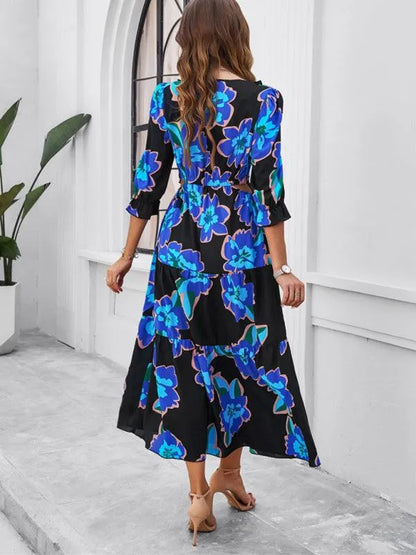 Holiday Casual Printed V-Neck Slit Dress -Guocali