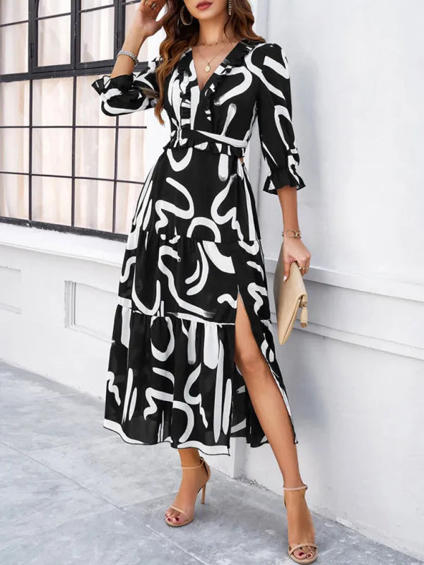 Holiday Casual Printed V-Neck Slit Dress - Slit Dress - Guocali