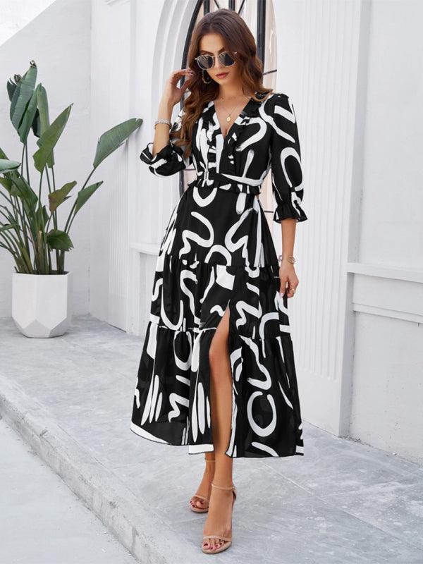 Holiday Casual Printed V-Neck Slit Dress - Slit Dress - Guocali