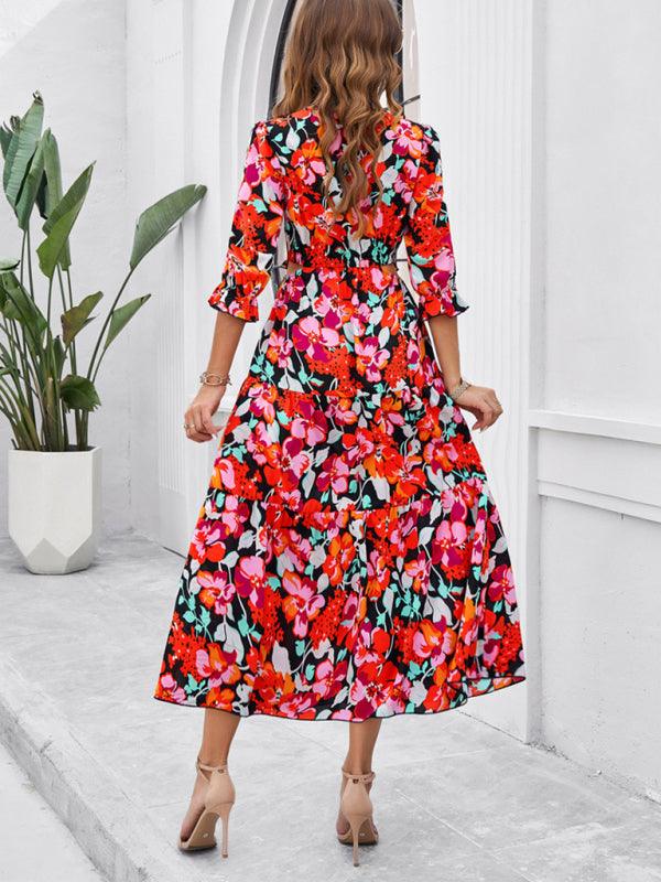 Holiday Casual Printed V-Neck Slit Dress - Slit Dress - Guocali