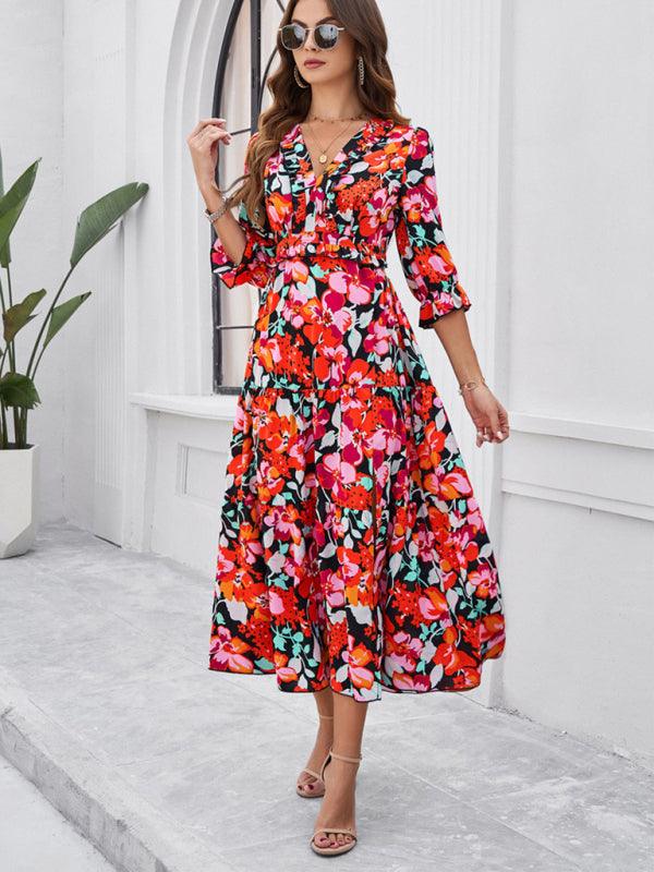 Holiday Casual Printed V-Neck Slit Dress - Slit Dress - Guocali