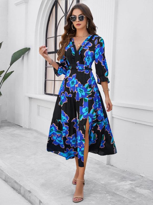 Holiday Casual Printed V-Neck Slit Dress - Slit Dress - Guocali