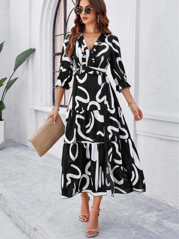 Holiday Casual Printed V-Neck Slit Dress - Slit Dress - Guocali