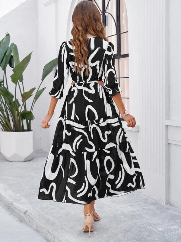 Holiday Casual Printed V-Neck Slit Dress - Slit Dress - Guocali