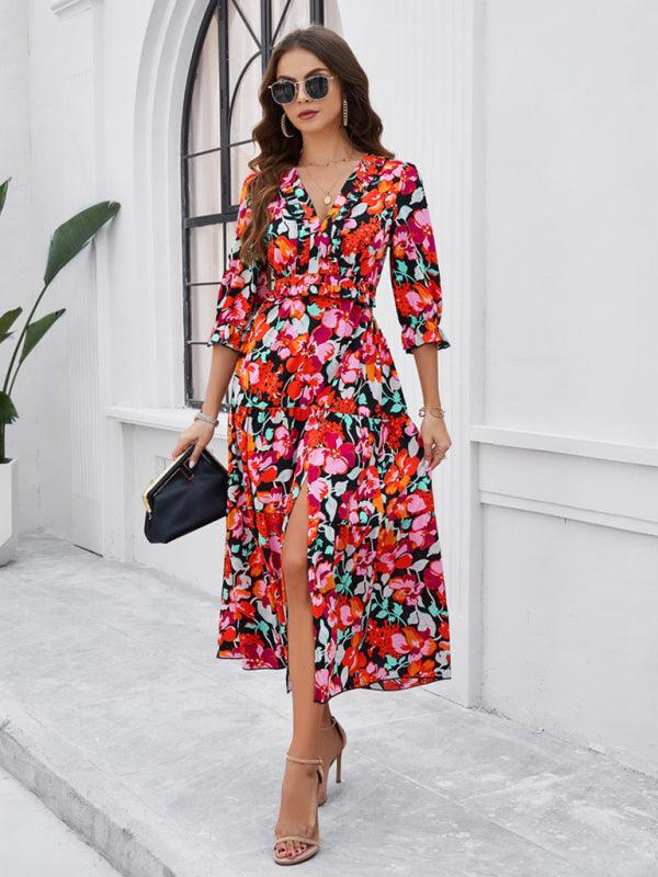 Holiday Casual Printed V-Neck Slit Dress - Slit Dress - Guocali