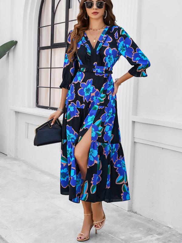 Holiday Casual Printed V-Neck Slit Dress - Slit Dress - Guocali