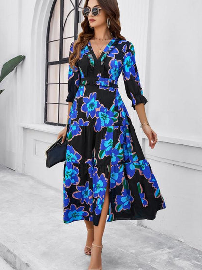 Holiday Casual Printed V-Neck Slit Dress - Slit Dress - Guocali