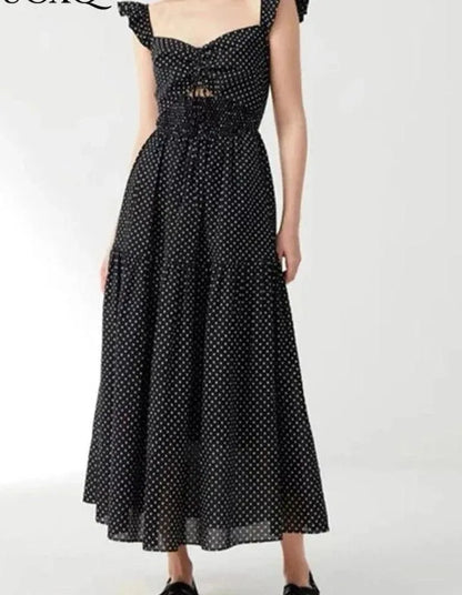 Hollow Lace-Up Long Black Dress -Guocali
