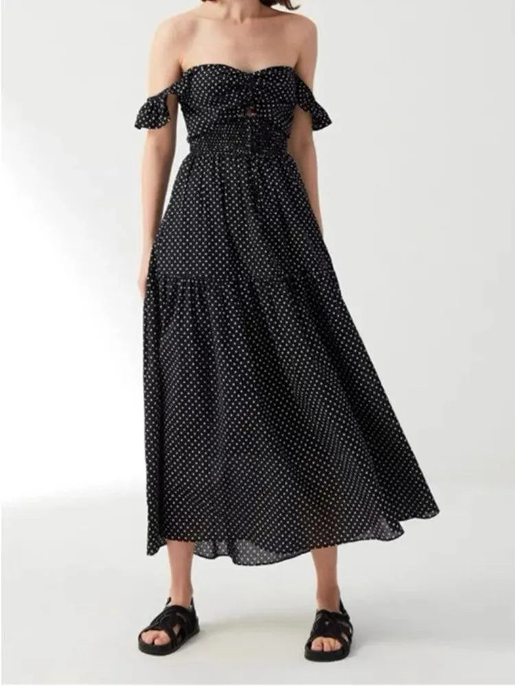 Hollow Lace-Up Long Black Dress -Guocali