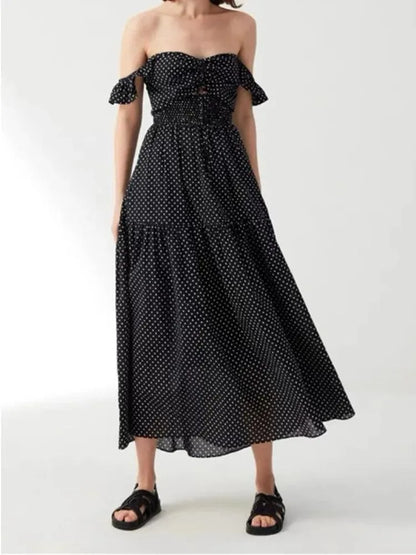 Hollow Lace-Up Long Black Dress -Guocali