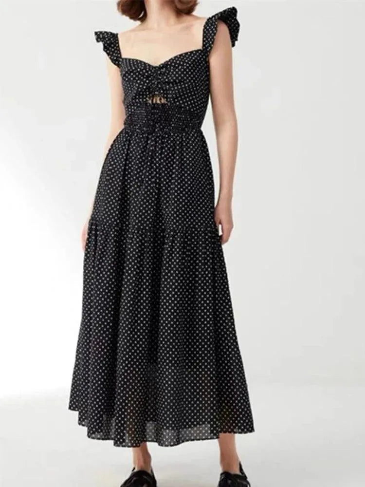 Hollow Lace-Up Long Black Dress -Guocali