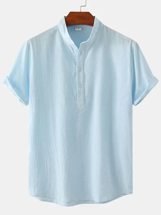 Men Casual Cotton Mandarin Collar Shirt – Breathable - Blue