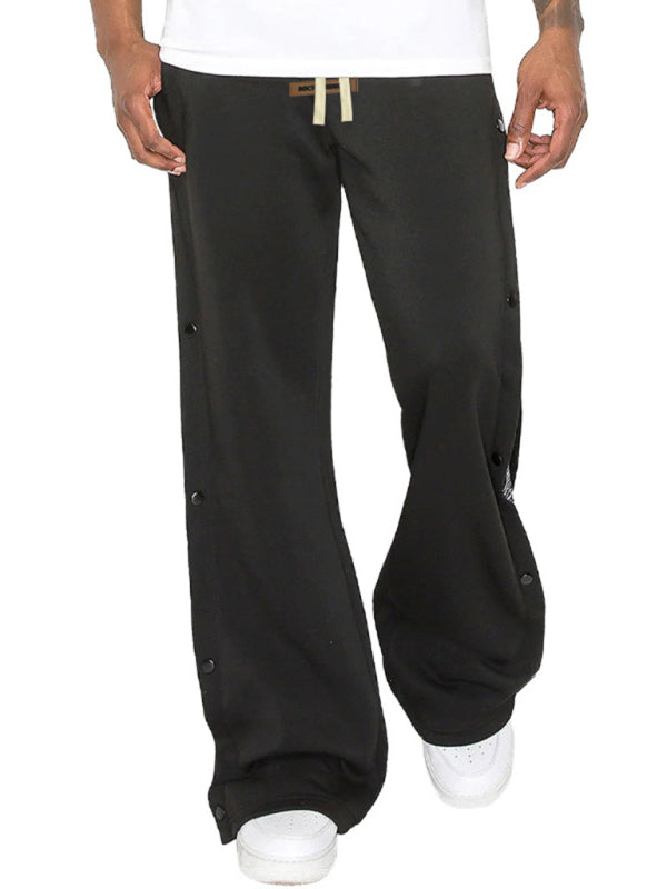Sporty Men's Wide Leg Pants – Mid Rise Button Finish