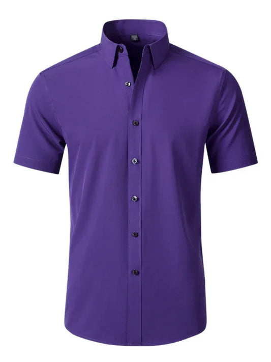 Men Short Sleeves Button-Down Regular Fit Dress Shirt – Wrinkle-Resistant - Purple
