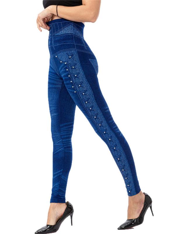 Jegging taille haute avec perles - Stretch