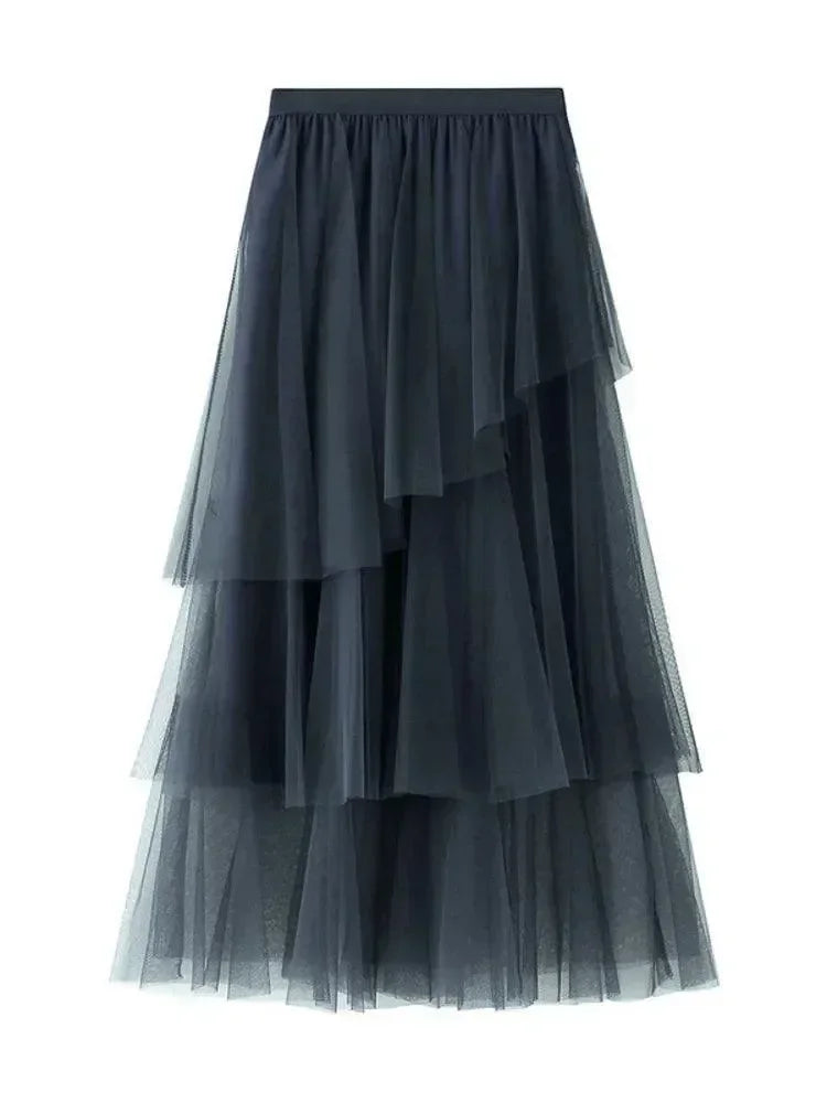 Irregular Mesh High-Waisted Long Skirt -Guocali