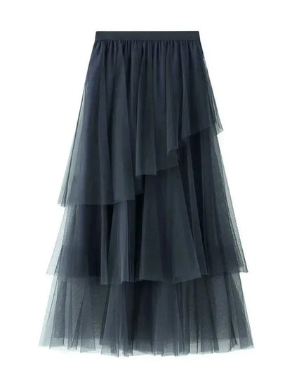 Irregular Mesh High-Waisted Long Skirt -Guocali