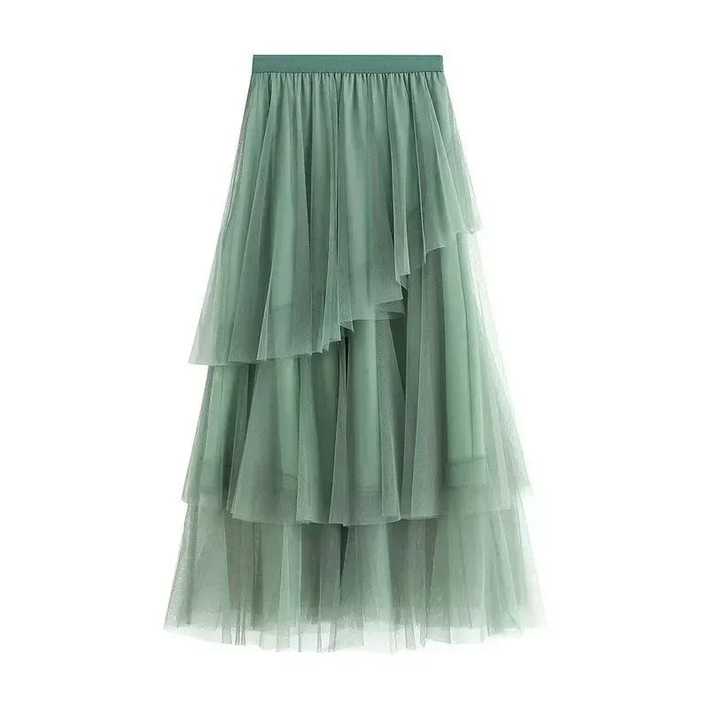 Irregular Mesh High-Waisted Long Skirt -Guocali