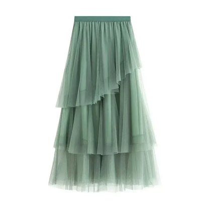 Irregular Mesh High-Waisted Long Skirt -Guocali