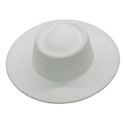 White fedora hat with a wide brim on a plain white background