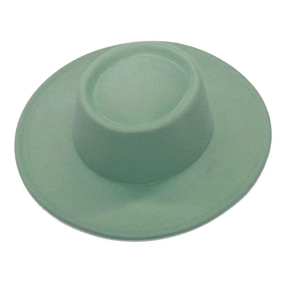 Mint green fedora hat with wide brim on white background