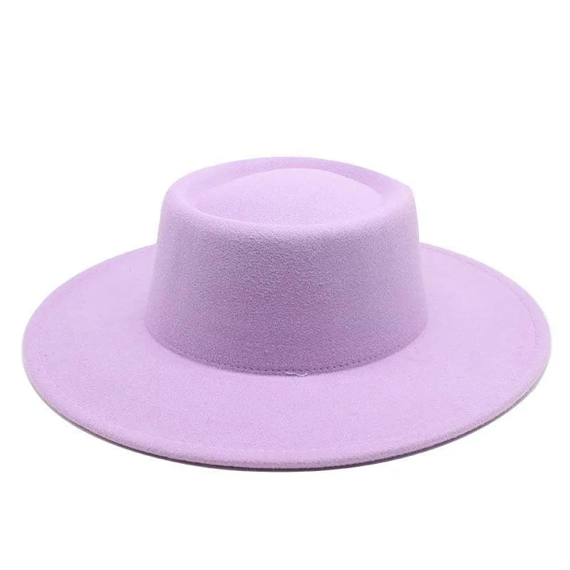 Light purple fedora hat with wide brim on white background