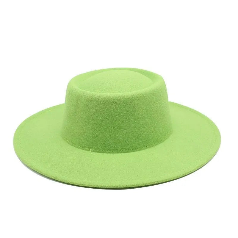Lime green fedora hat with wide brim on white background