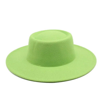 Lime green fedora hat with wide brim on white background