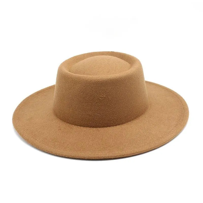 Camel brown felt fedora hat with flat brim on a white background