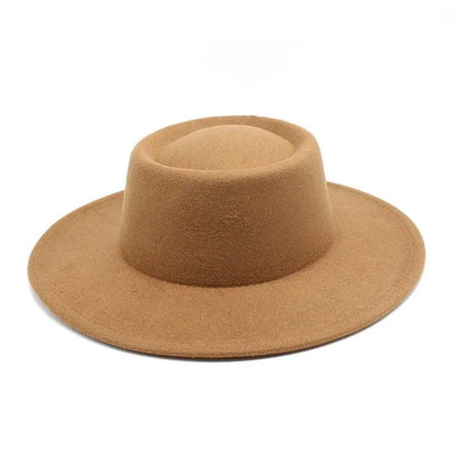 Camel brown felt fedora hat with flat brim on a white background