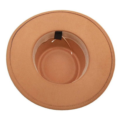 Top view of tan fedora hat with wide brim and interior sweatband