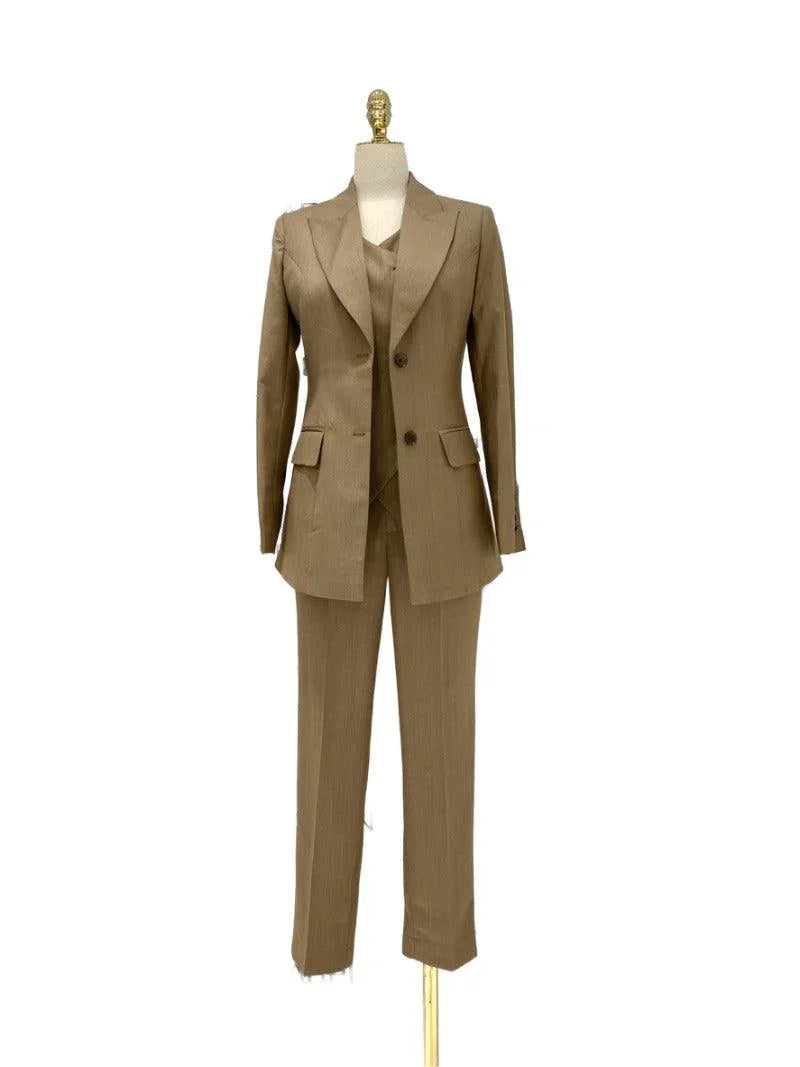 Khaki Three Piece Suit - Women Trouser Suit -Guocali