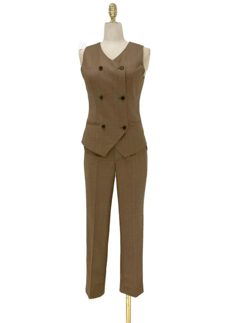Khaki Three Piece Suit - Women Trouser Suit -Guocali