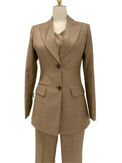 Khaki Three Piece Suit - Women Trouser Suit -Guocali